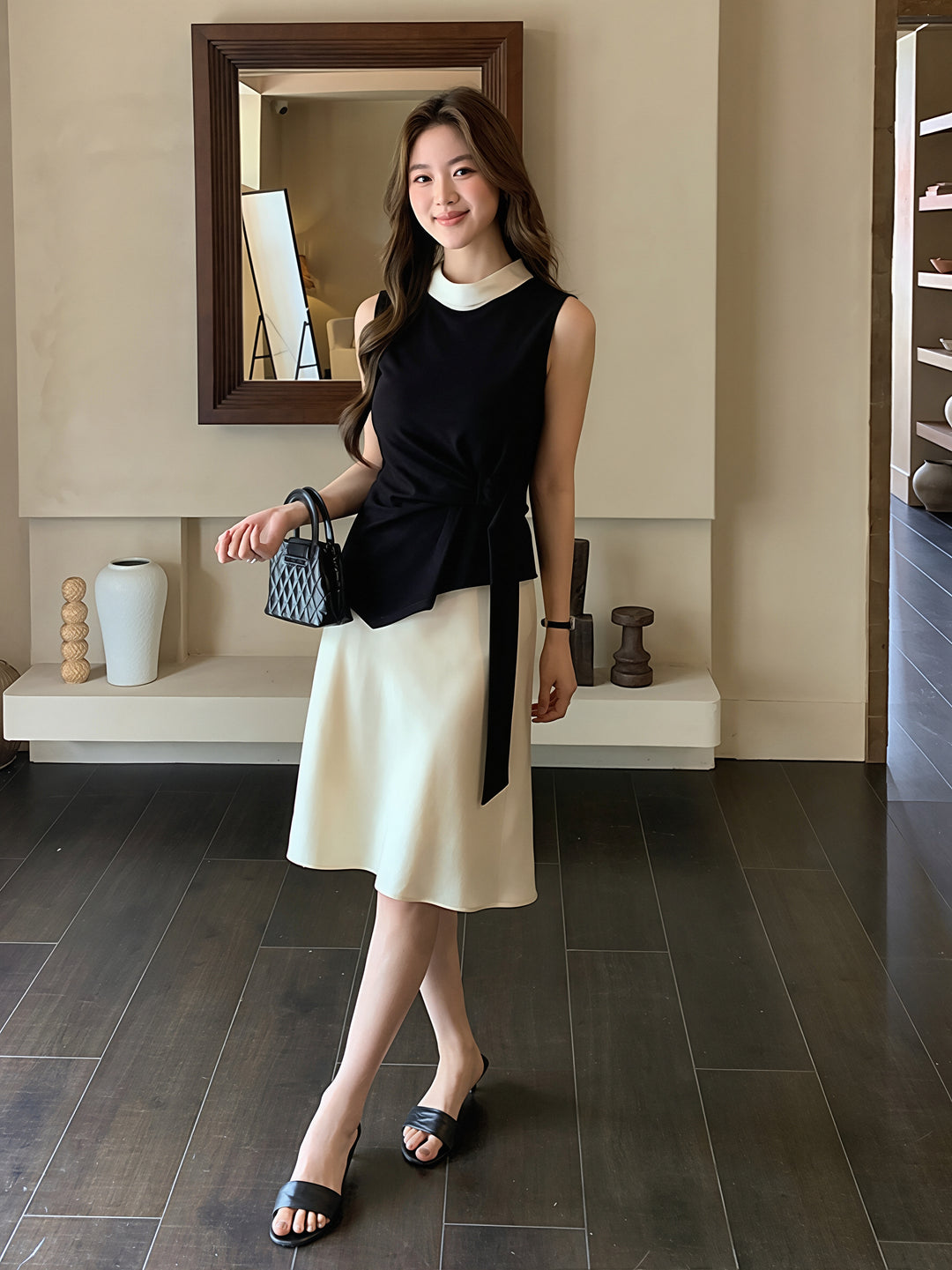 【tops】イレヘムノースリーブ配色トップス Q8750