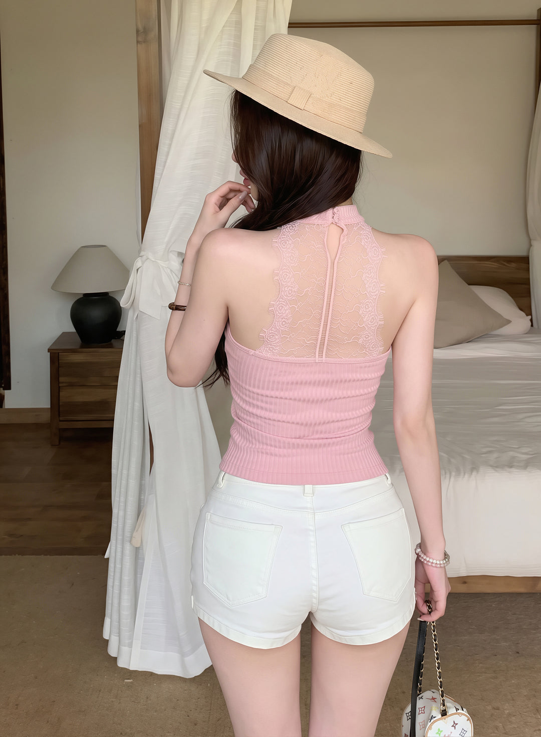 【tops】レースドッキングノースリーブニットトップス Q8796