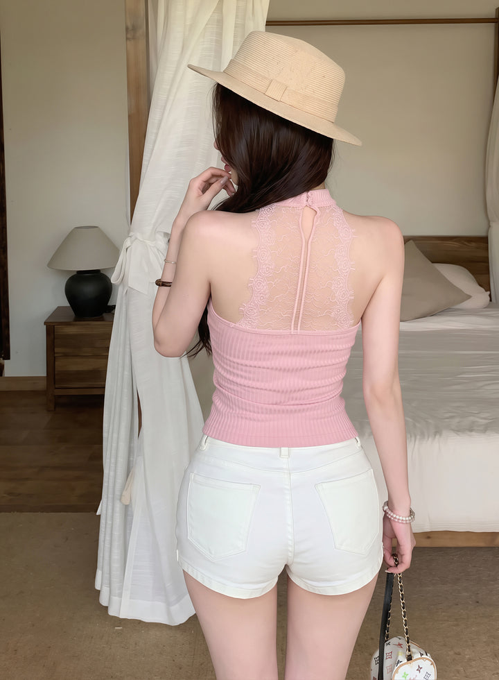【tops】レースドッキングノースリーブニットトップス Q8796