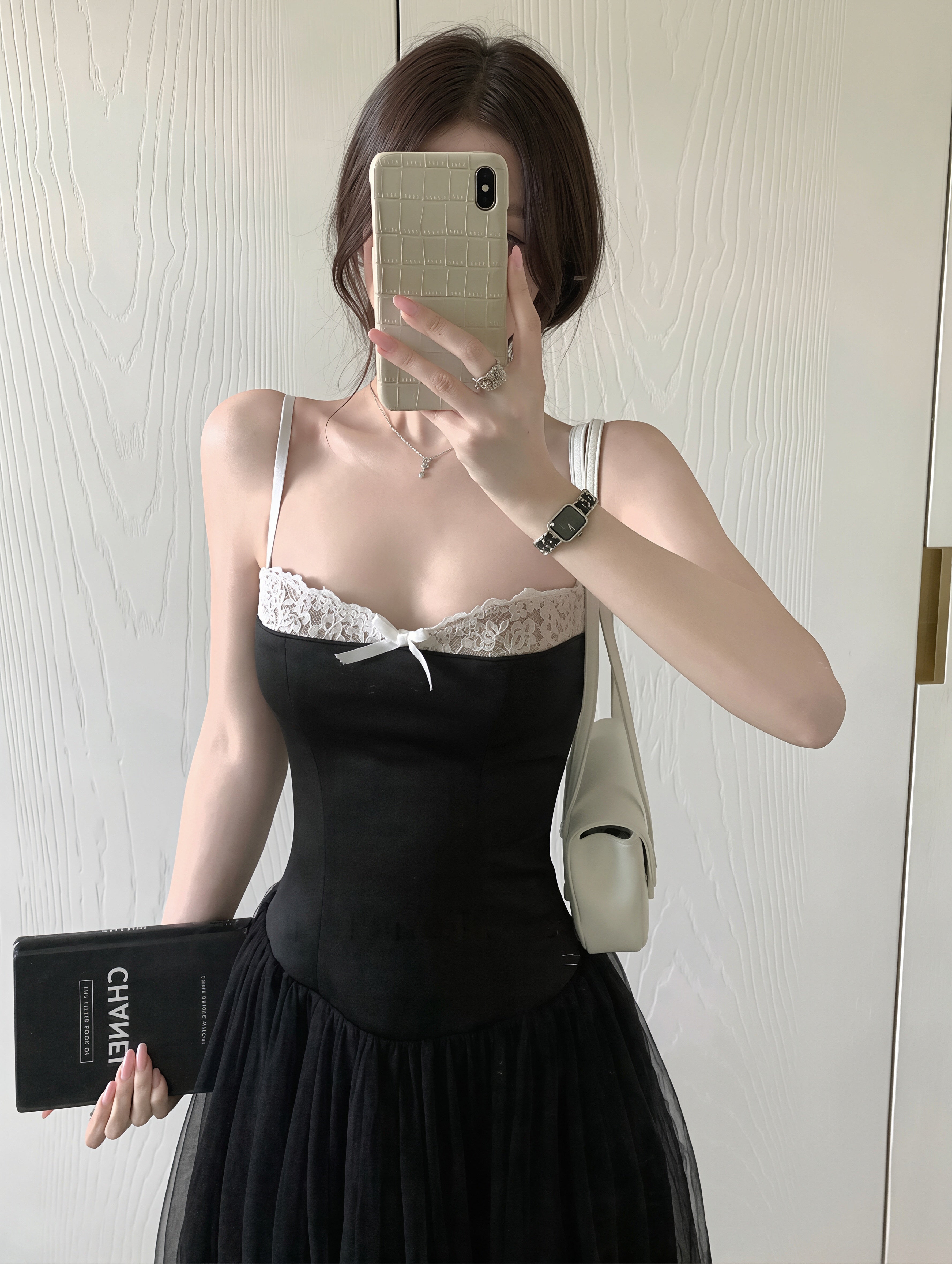 dress】チュールドッキングAラインロングキャミワンピース Q8867