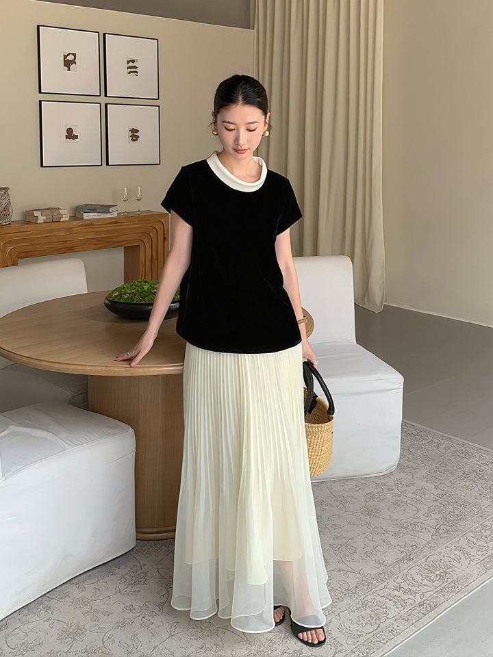 【tops】ベルベット半袖配色トップス Q8752