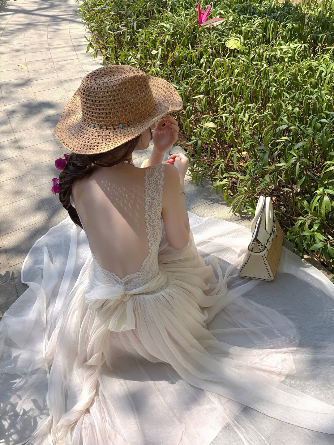 【dress】レースドッキングチュールロングワンピース Q8854