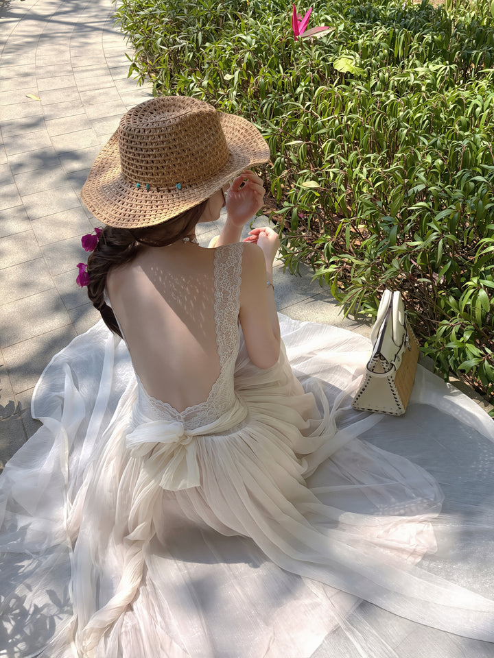 【dress】レースドッキングチュールロングワンピース Q8854