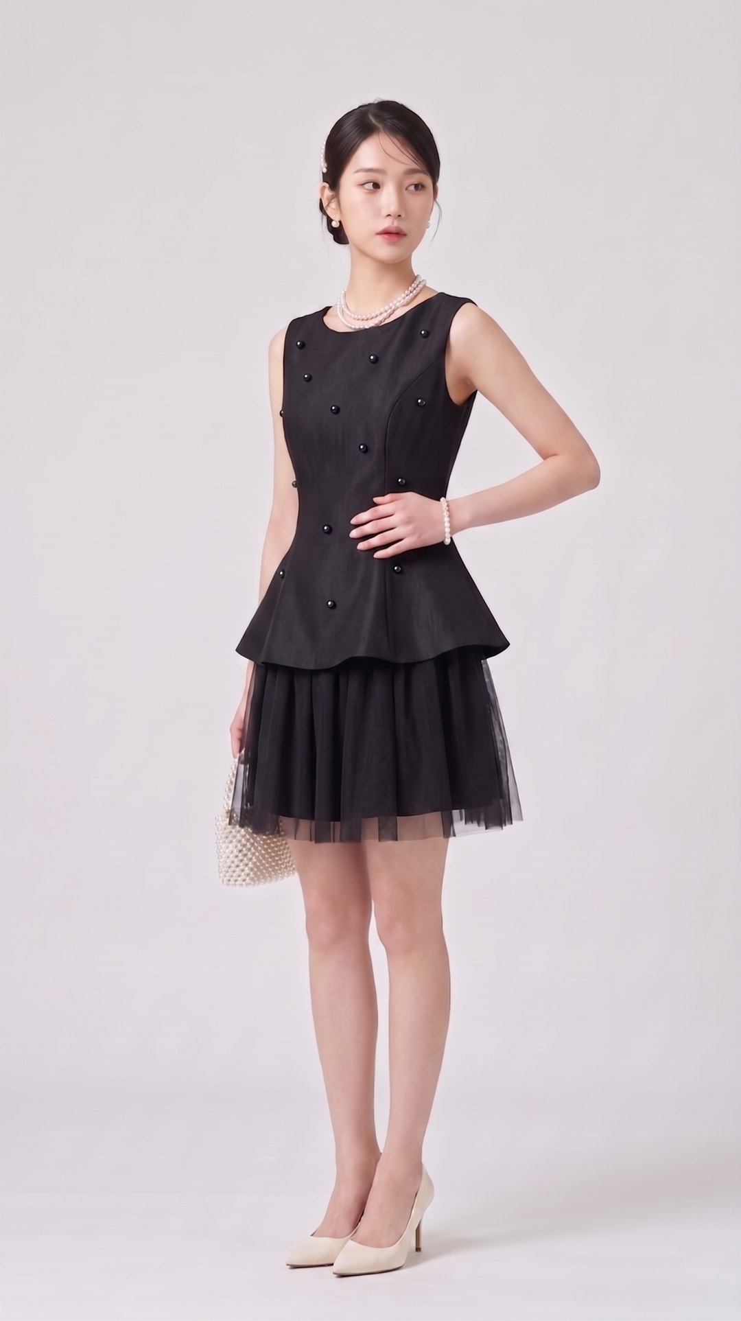 【dress】パール付きチュールドッキングミニワンピース　N3612