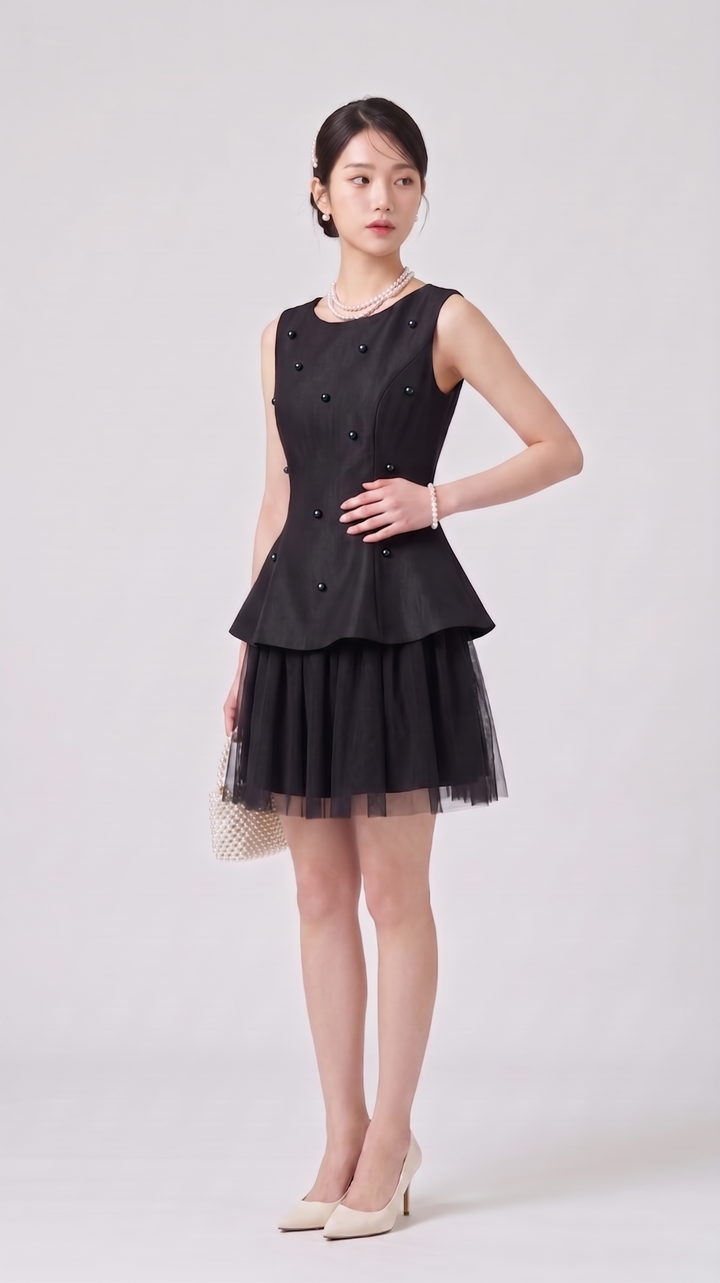 【dress】パール付きチュールドッキングミニワンピース　N3612