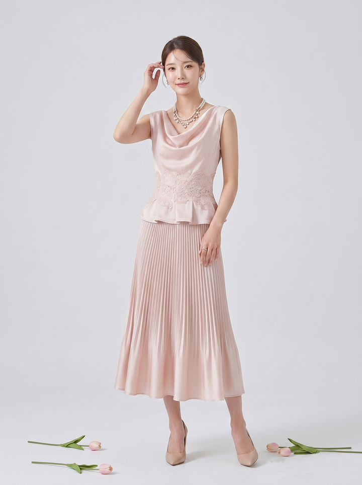 【set】レースドッキングトップス×プリーツスカートセット　N3615