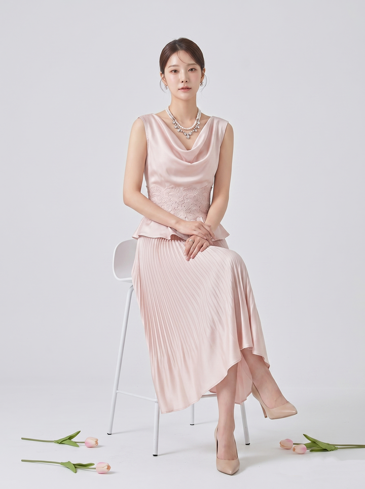 【set】レースドッキングトップス×プリーツスカートセット　N3615