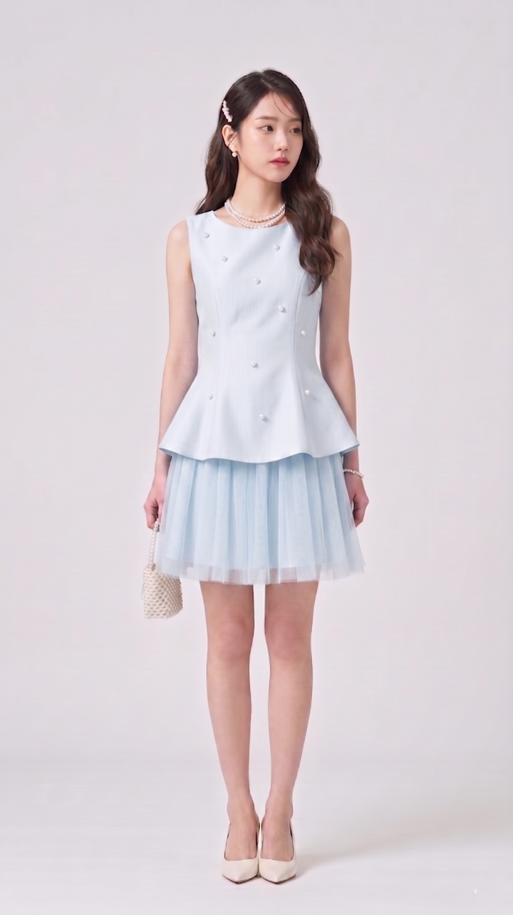 【dress】パール付きチュールドッキングミニワンピース　N3612
