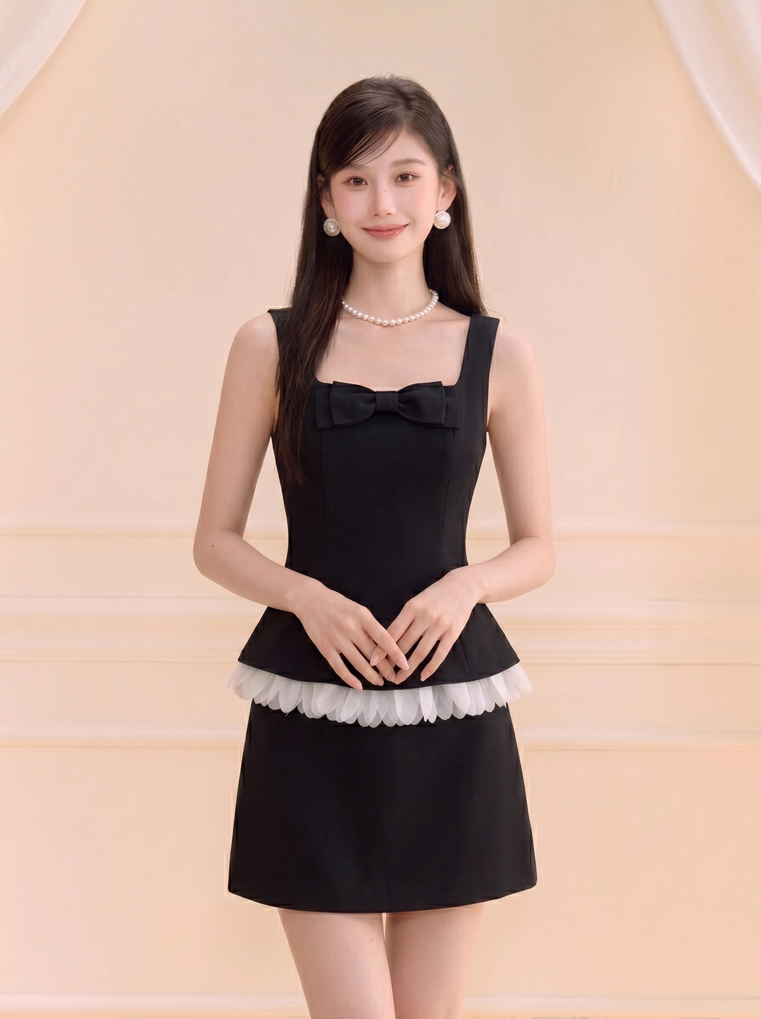 【set】バックリボンフリルドッキングトップス×ミニスカートセット   N3704