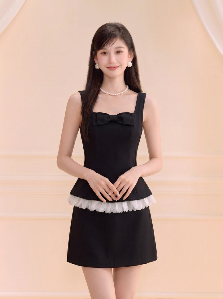【set】バックリボンフリルドッキングトップス×ミニスカートセット   N3704