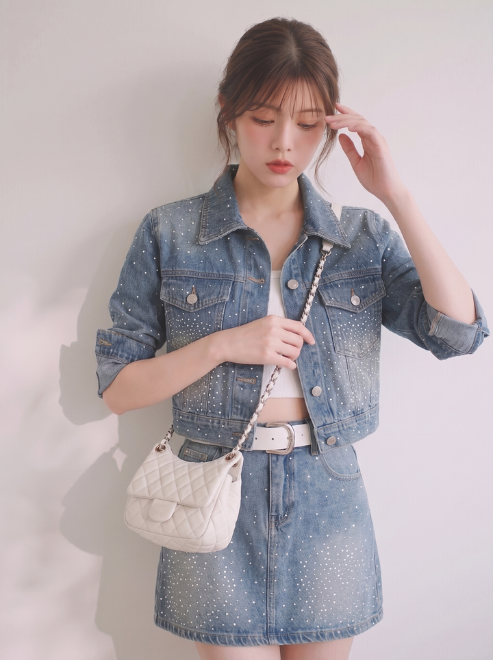 【set】ラインストーン付きデニムジャケット×ミニスカートセット  N3625