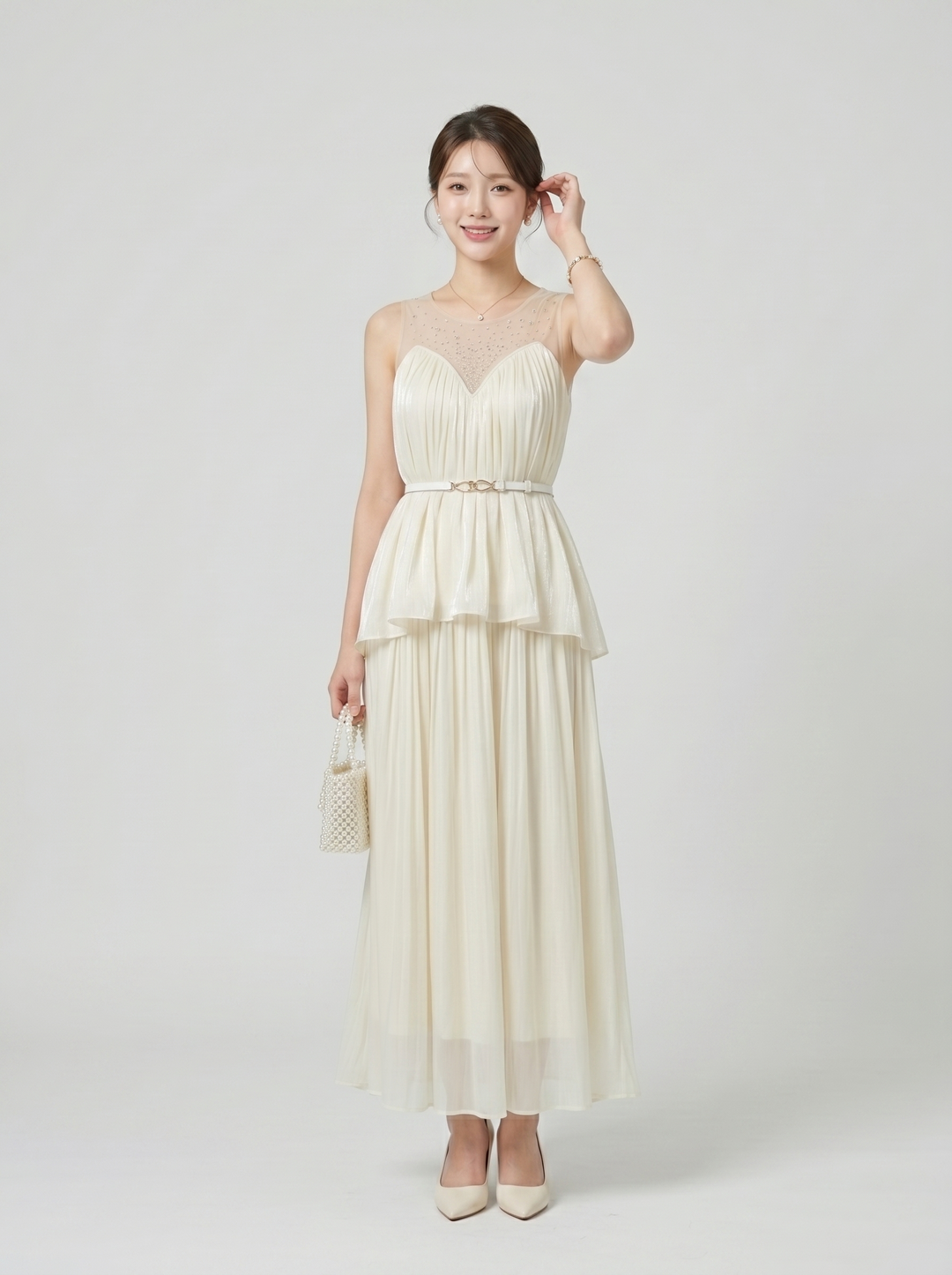 【set】ビジューシアードッキングトップス×ロングスカートセット　N3616