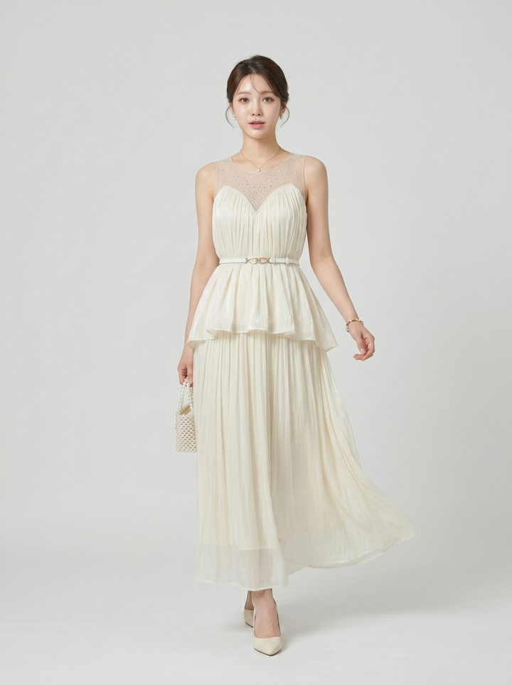 【set】ビジューシアードッキングトップス×ロングスカートセット　N3616