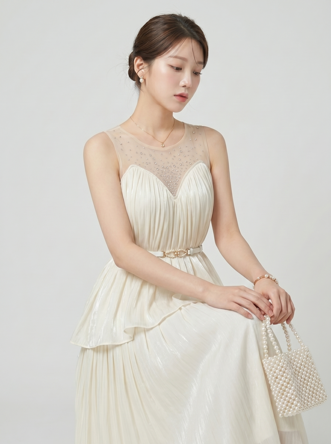 【set】ビジューシアードッキングトップス×ロングスカートセット　N3616