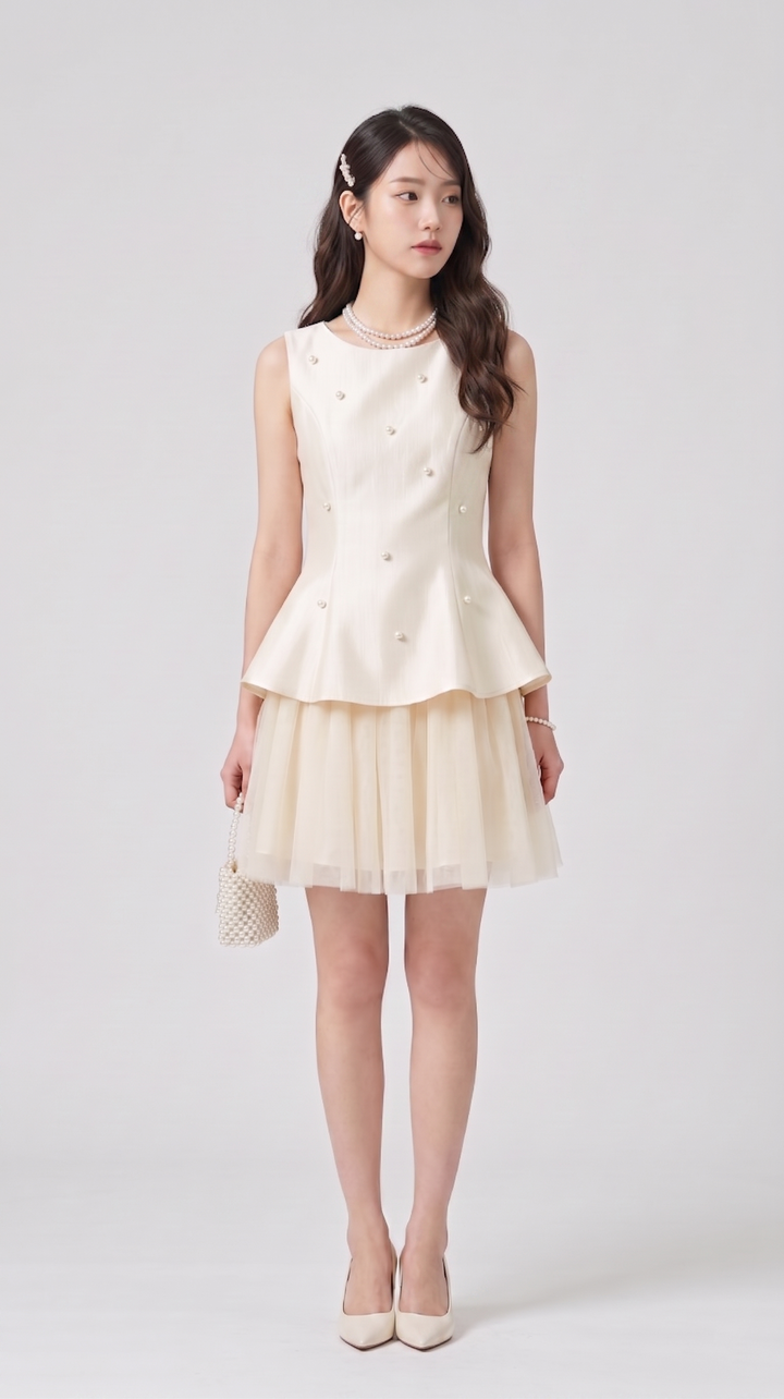 【dress】パール付きチュールドッキングミニワンピース　N3612