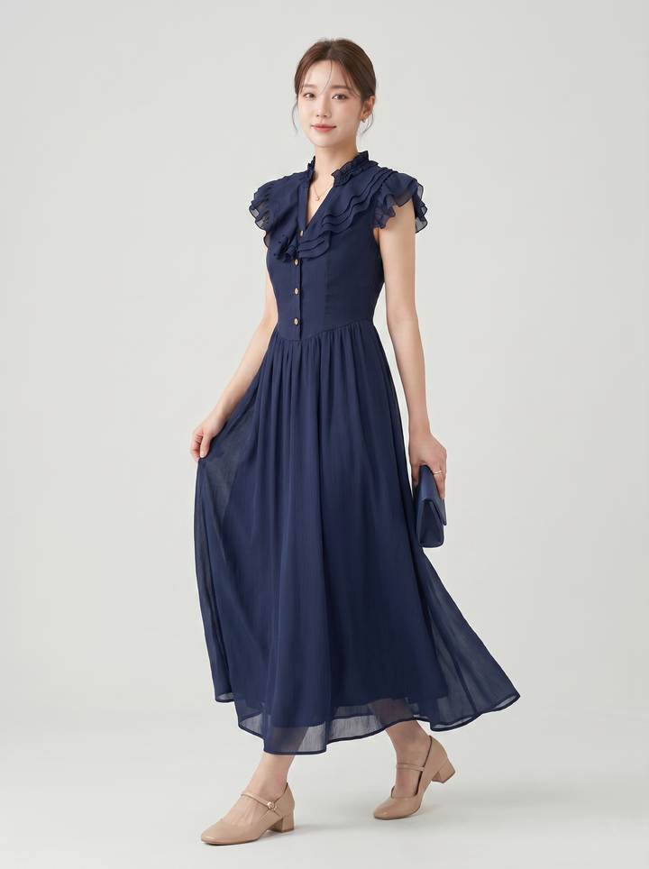 【dress】ギャザーフリルロングワンピース　N3621