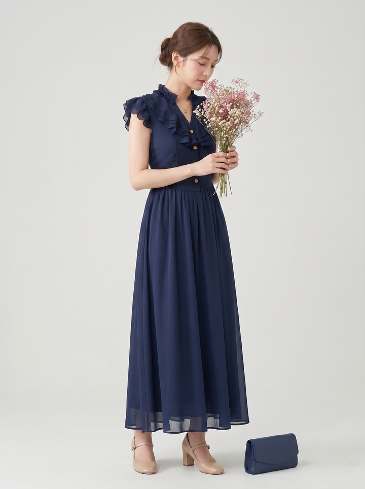 【dress】ギャザーフリルロングワンピース　N3621
