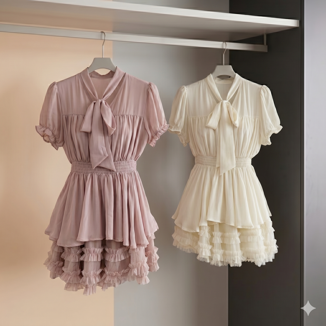 【set】リボントップス×ティアードチュールスカートセット   N3682