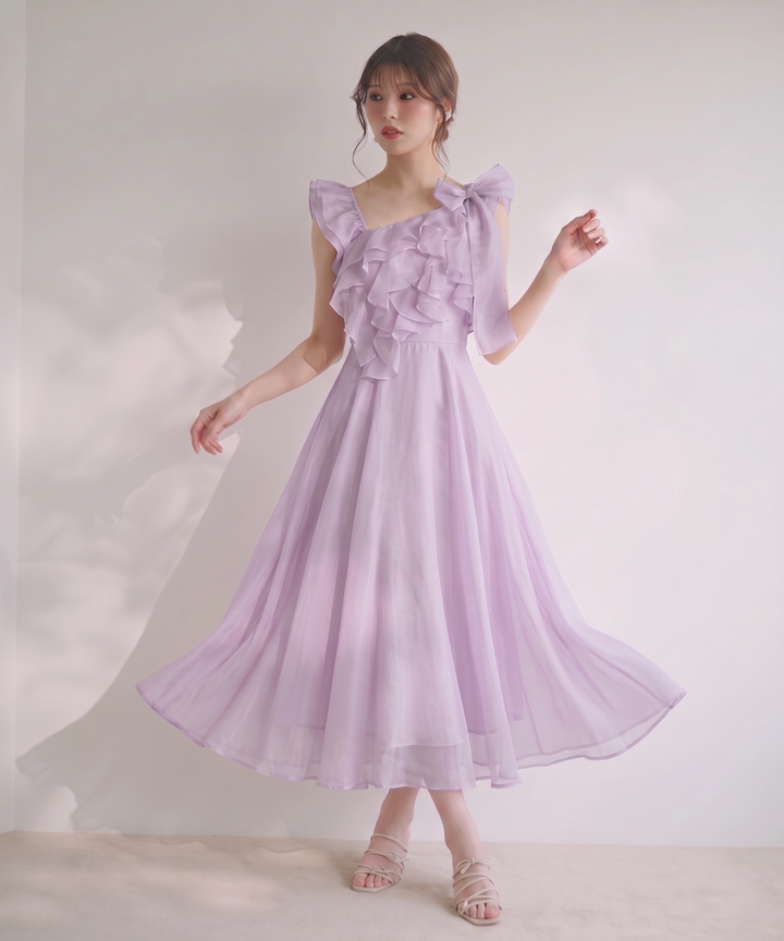 【dress】ショルダーリボンフリルロングワンピース　N3624