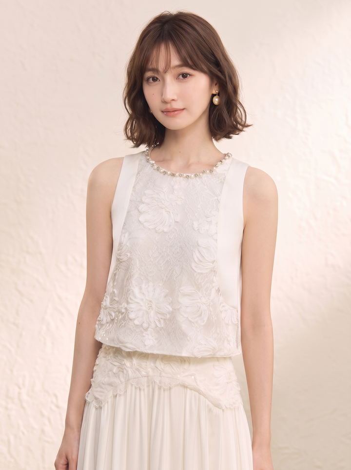 【set】レースドッキングトップス×ロングスカートセット   N3656