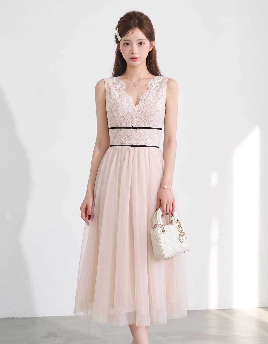 【dress】レースドッキングチュールワンピース　N3648