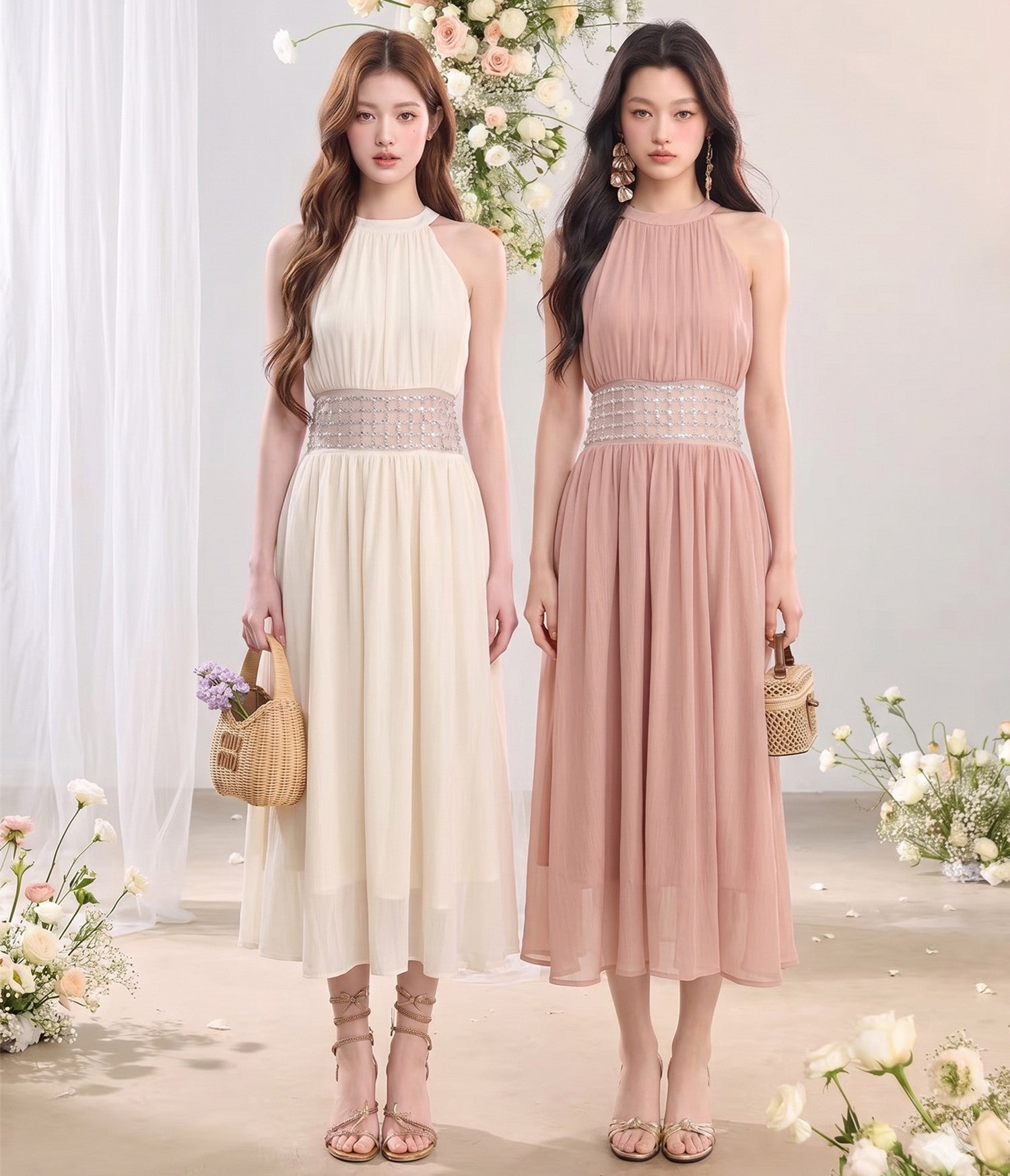 dress】ウエストパールホルターネックロングワンピース N3679 – NANASTYLE
