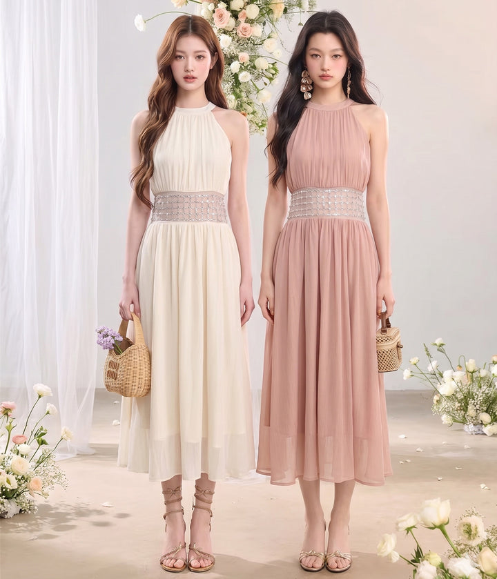 【dress】ウエストパールホルターネックロングワンピース　N3679