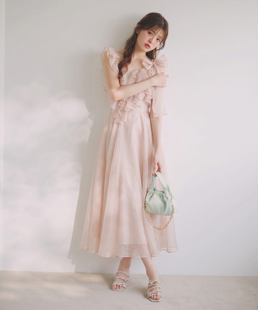 【dress】ショルダーリボンフリルロングワンピース　N3624