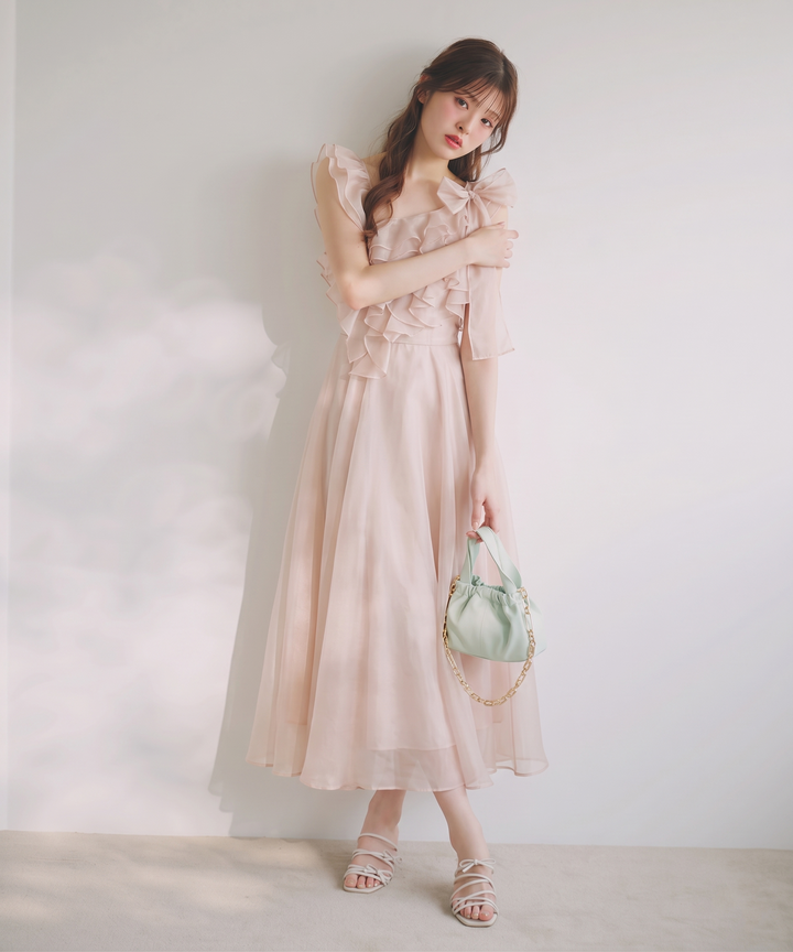【dress】ショルダーリボンフリルロングワンピース　N3624