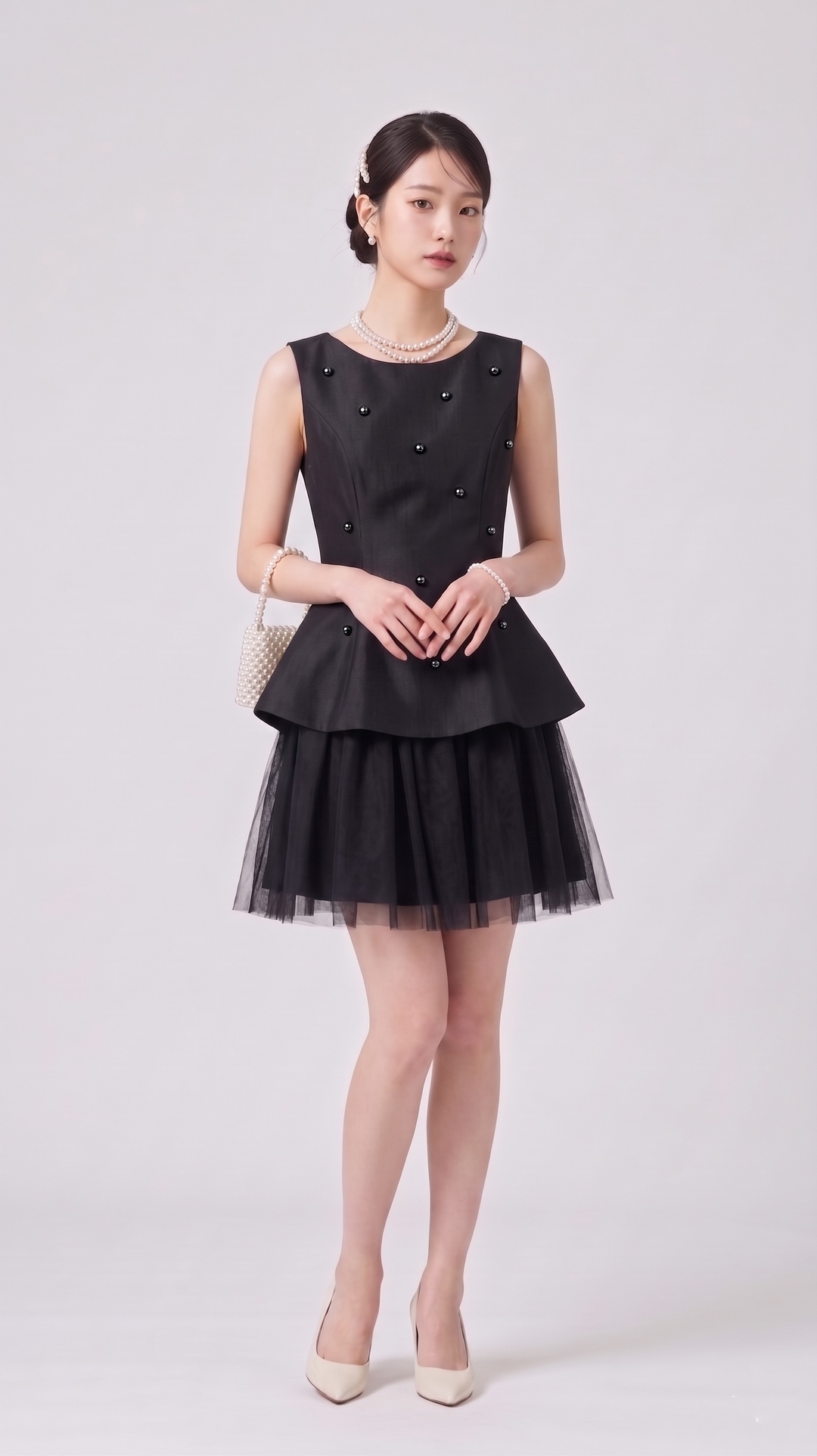 【dress】パール付きチュールドッキングミニワンピース　N3612
