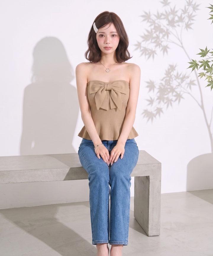 【tops】ビッグリボンペプラムベアトップ  N3644