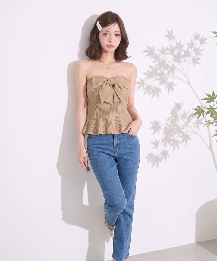 【tops】ビッグリボンペプラムベアトップ  N3644