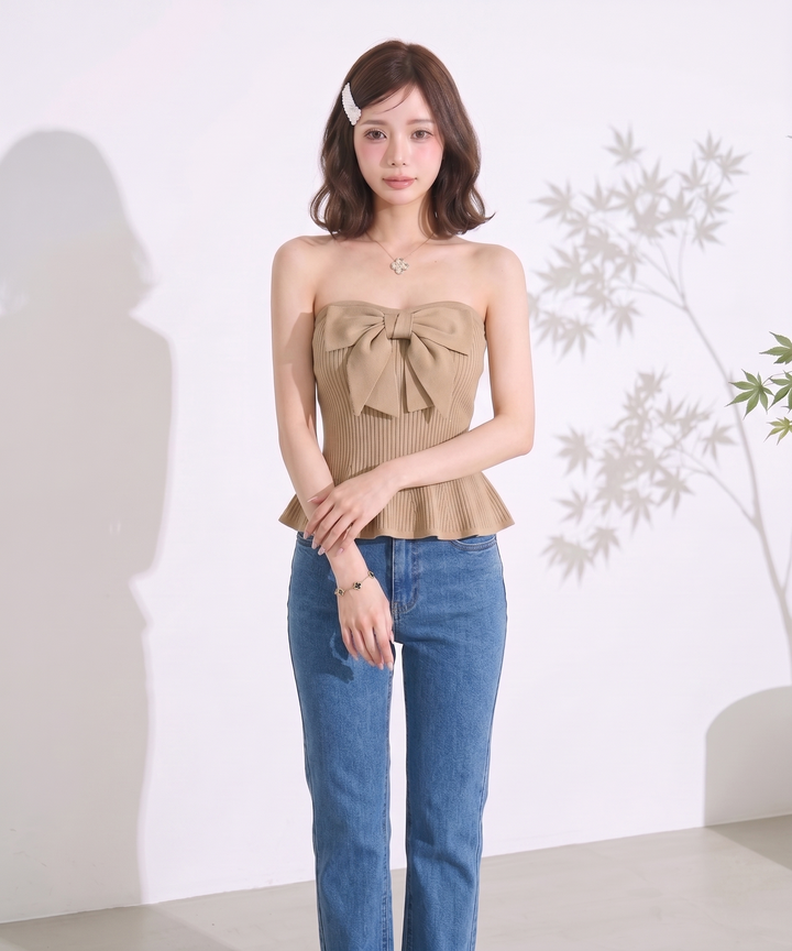 【tops】ビッグリボンペプラムベアトップ  N3644