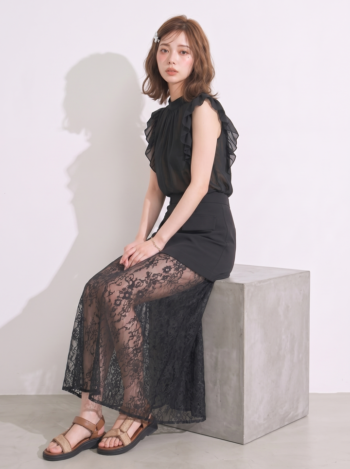 【set】フリルブラウス×チュールドッキングスカートセット   N3663