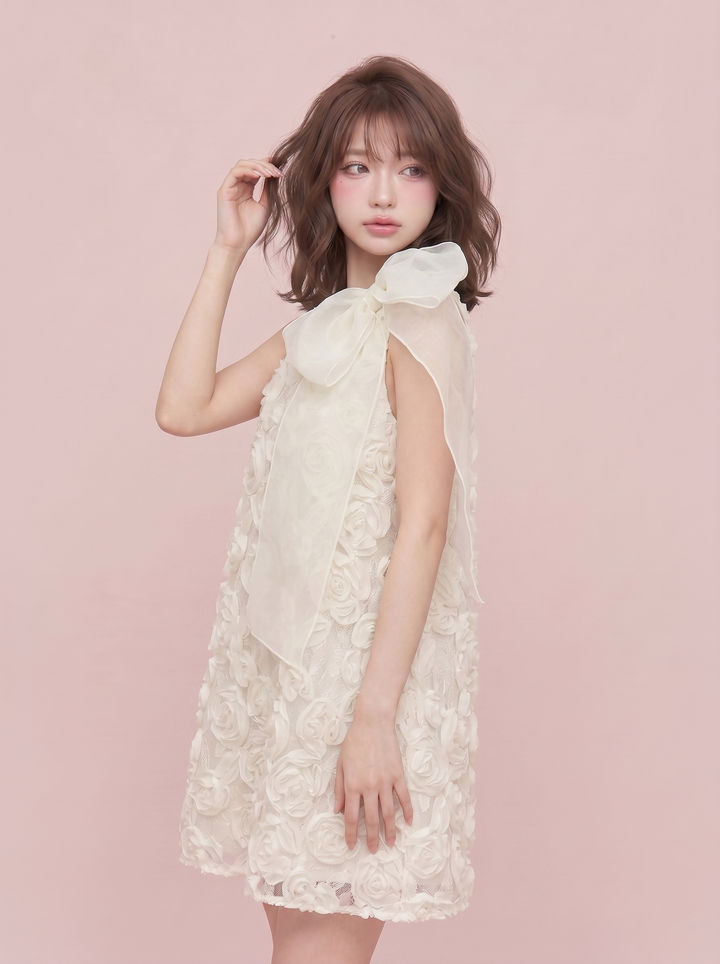 【dress】ビッグリボン立体感フラワーミニワンピース　N3672