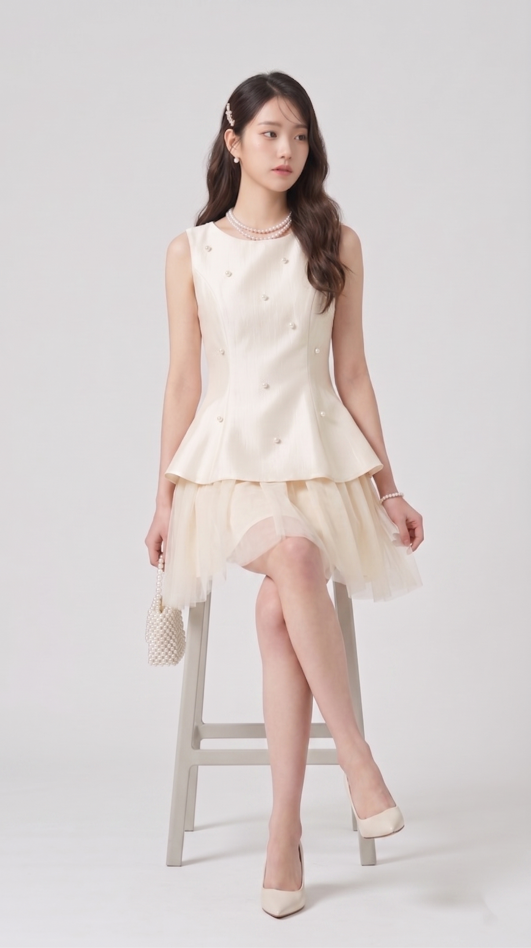 【dress】パール付きチュールドッキングミニワンピース　N3612