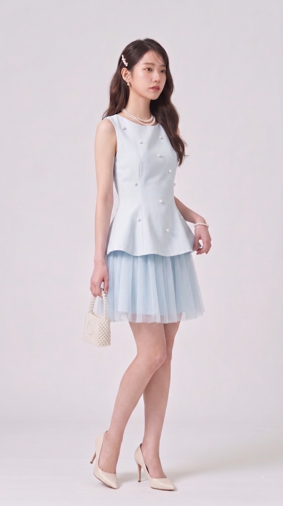 【dress】パール付きチュールドッキングミニワンピース　N3612