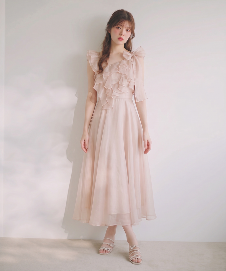 【dress】ショルダーリボンフリルロングワンピース　N3624