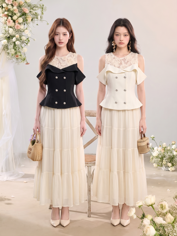 【set】レースドッキングフリルトップス×ロングスカートセット   N3678