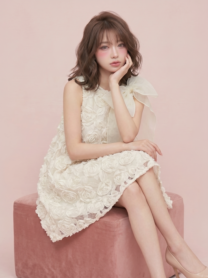 【dress】ビッグリボン立体感フラワーミニワンピース　N3672