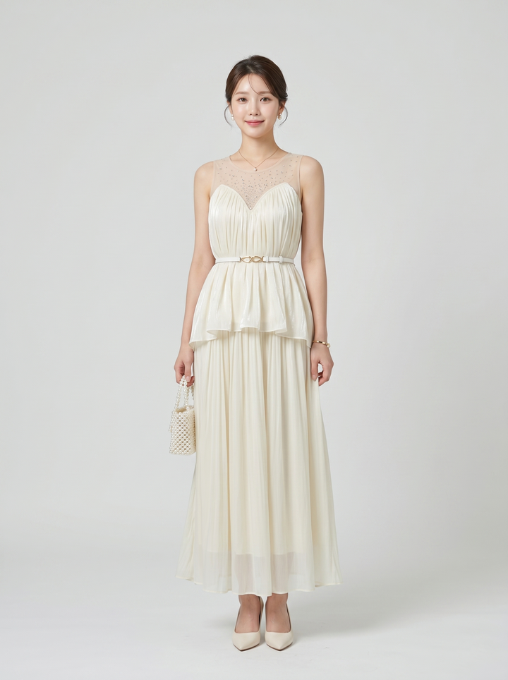 【set】ビジューシアードッキングトップス×ロングスカートセット　N3616