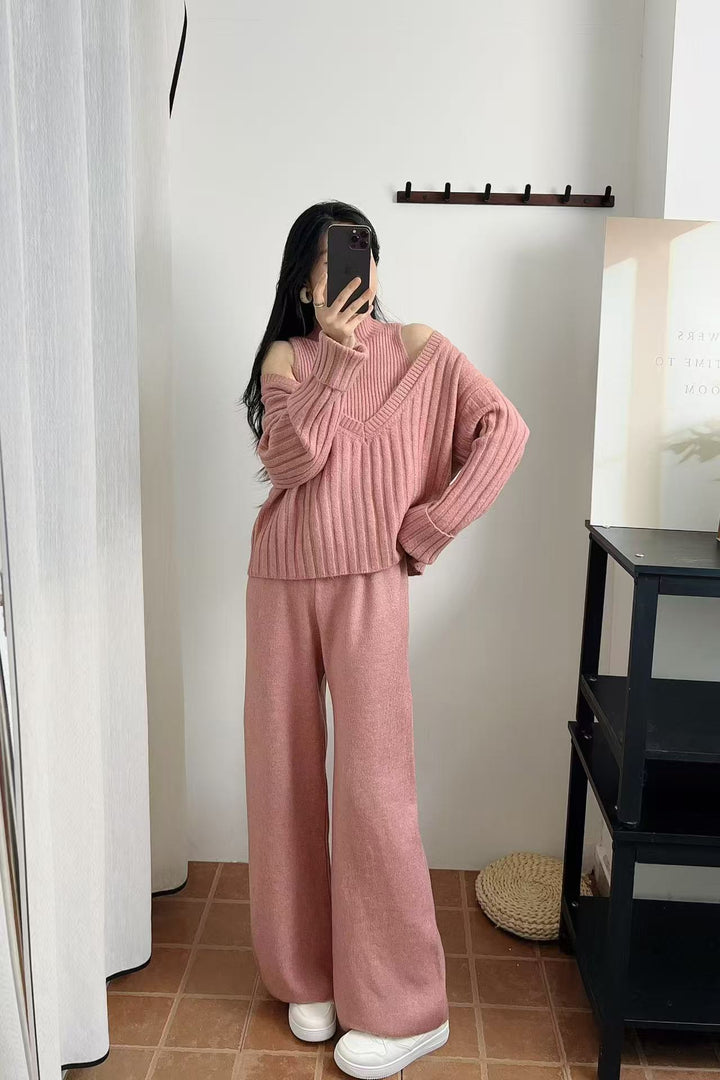 【set】ノースリーブニットトップス×Vネックニットトップス×ワイドパンツ3点セット Q9175