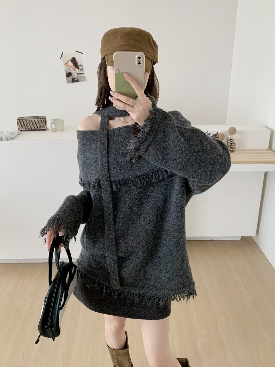 【tops】スカーフ付きオフショルダーニットトップス Q9168