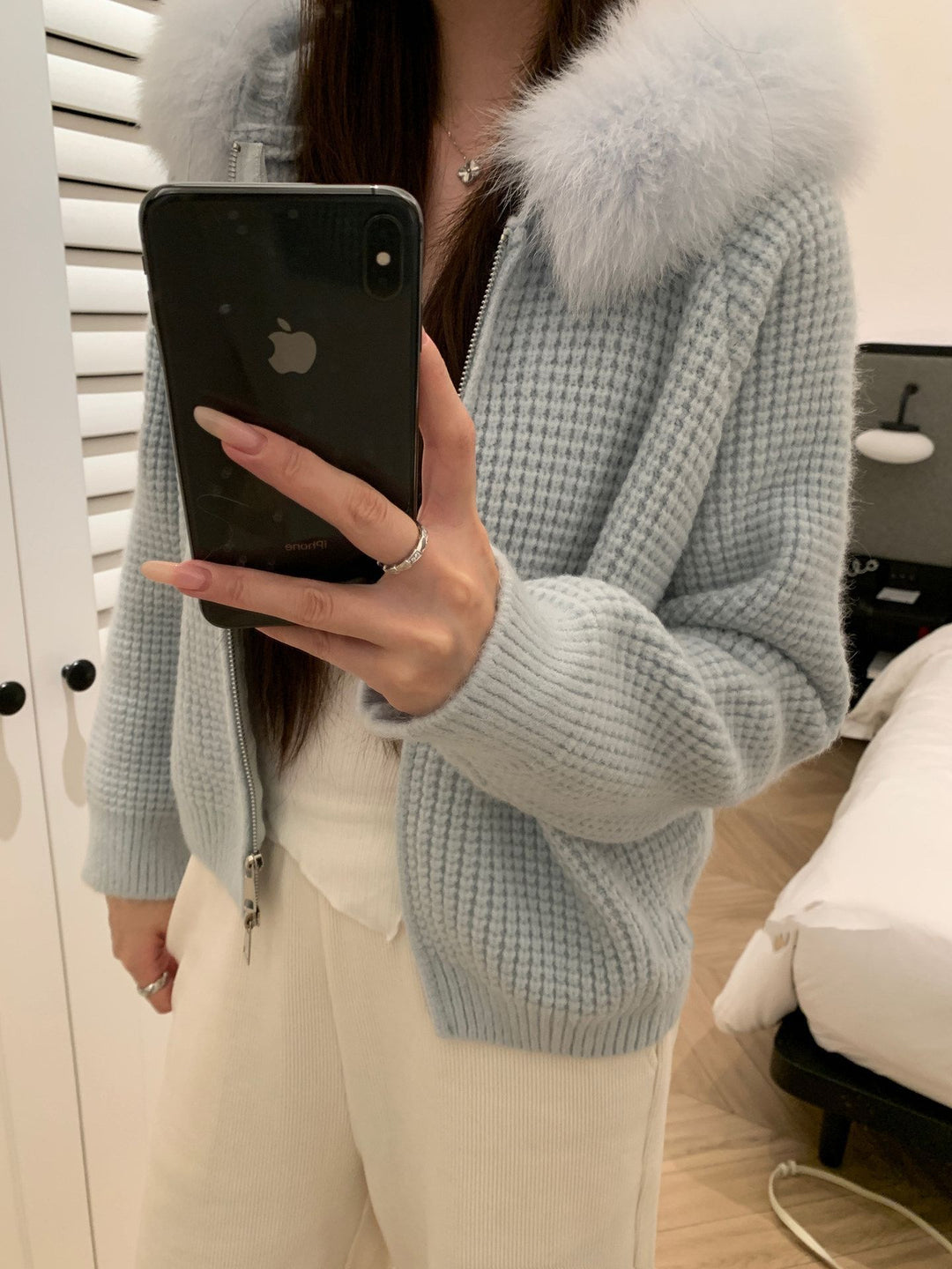 【outer】ファー付きニットコート Q9176