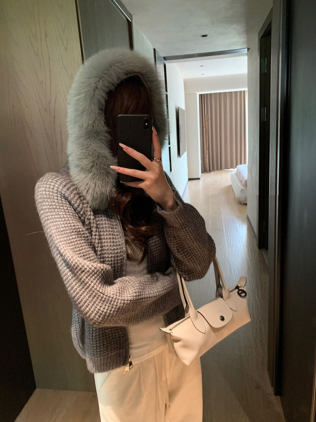 【outer】ファー付きニットコート Q9176