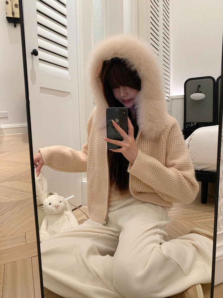 【outer】ファー付きニットコート Q9176