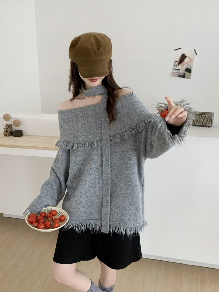 【tops】スカーフ付きオフショルダーニットトップス Q9168