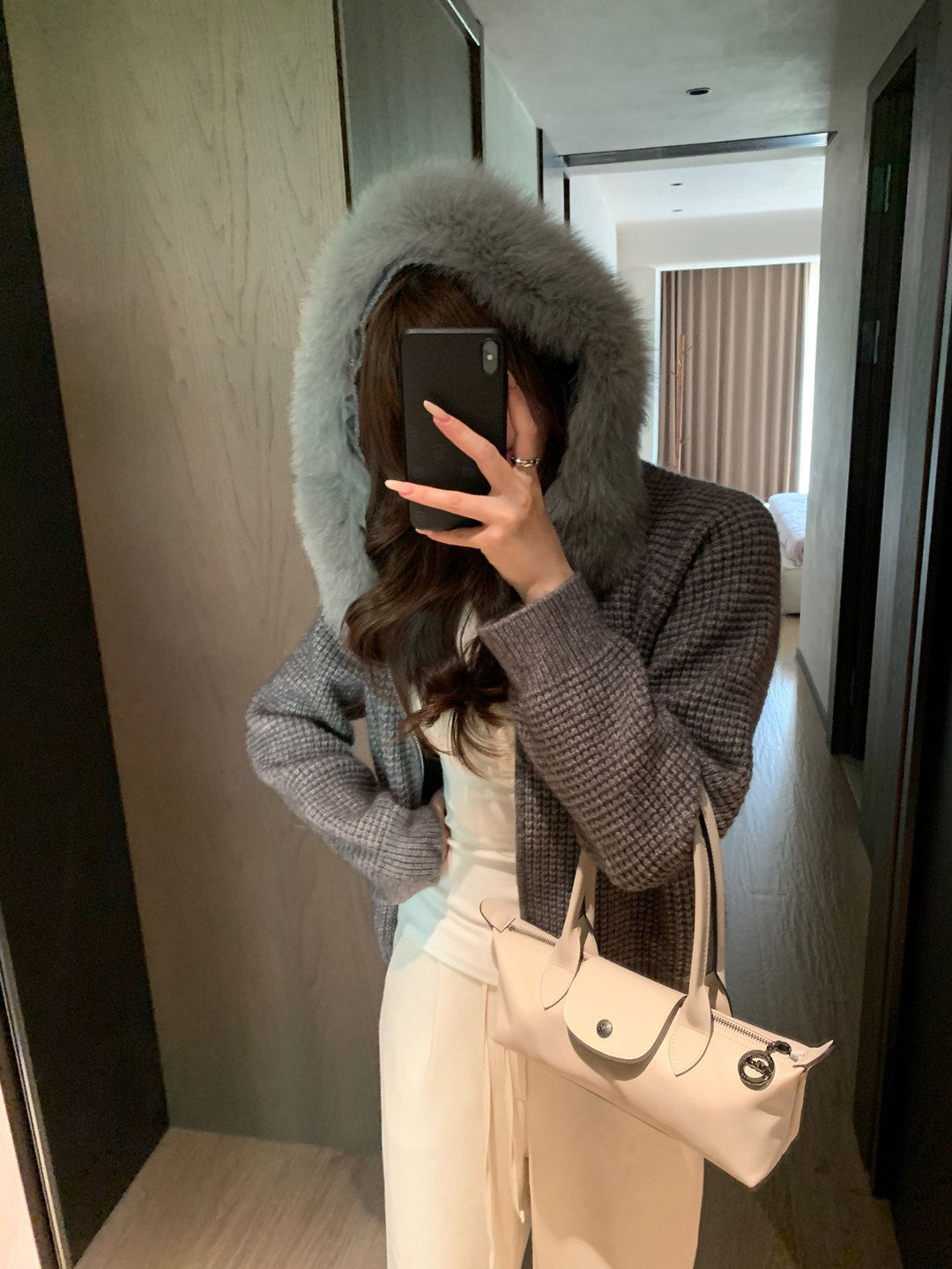 【outer】ファー付きニットコート Q9176