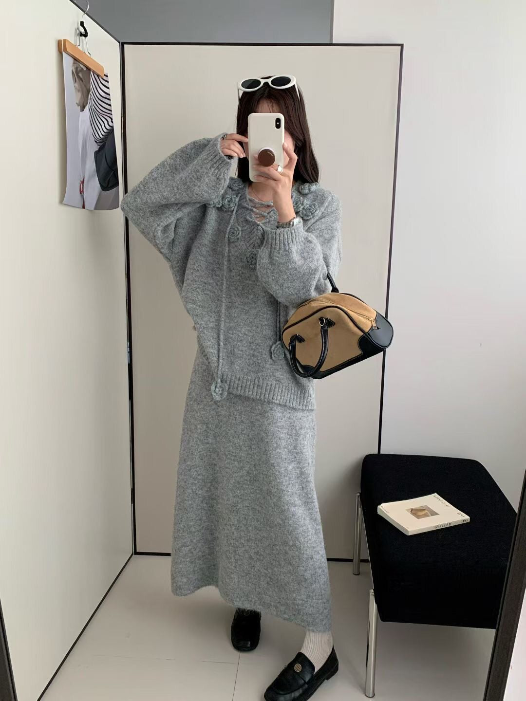 【set】立体フラワー付きニットトップス×ロングスカートセット Q9177