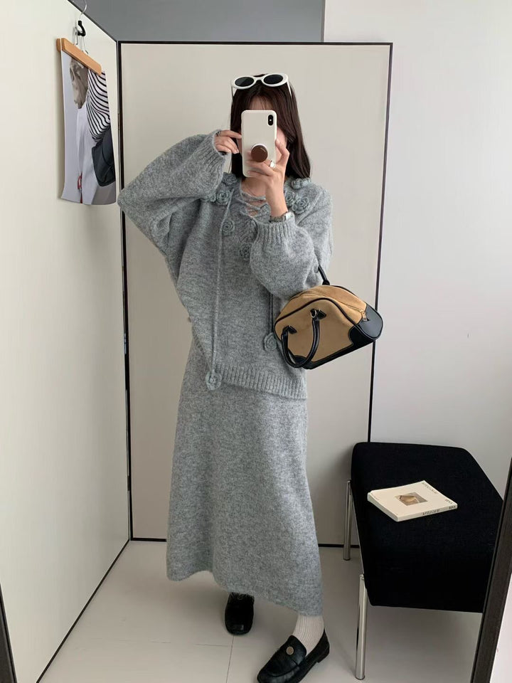 【set】立体フラワー付きニットトップス×ロングスカートセット Q9177